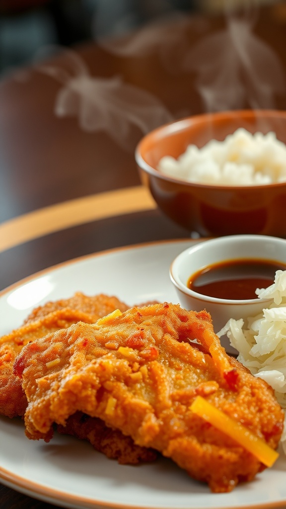 Crispy pork katsu with tonkatsu sauce, served with shredded cabbage and rice.